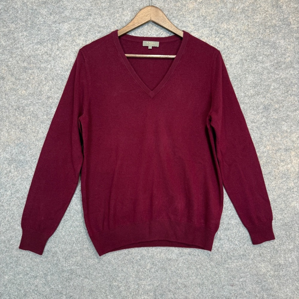 N. Peal 100% Mongolian Cashmere Sweater Womens Large V Neck Soft Burgendy Knit
